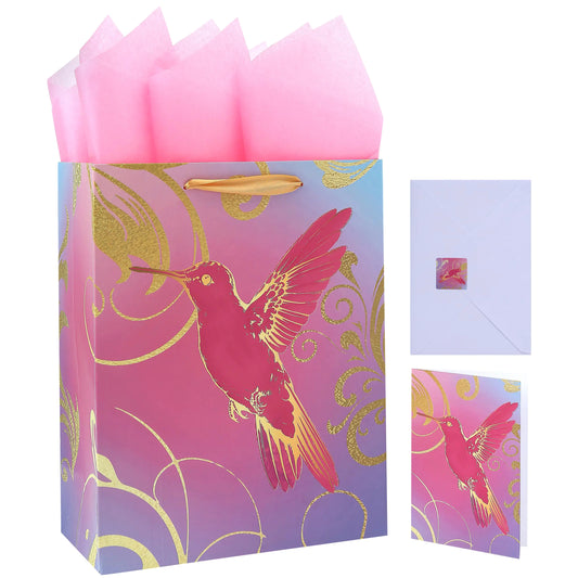 Qirrmiy 13" Large Pink Gift Bag Set with Greeting Card and Tissue Papers (A Pink Bird Design) for Celebrating Birthdays Weddings Anniversaries and Mothers Day-10.2”x5.2”x13” 1 Pcs.