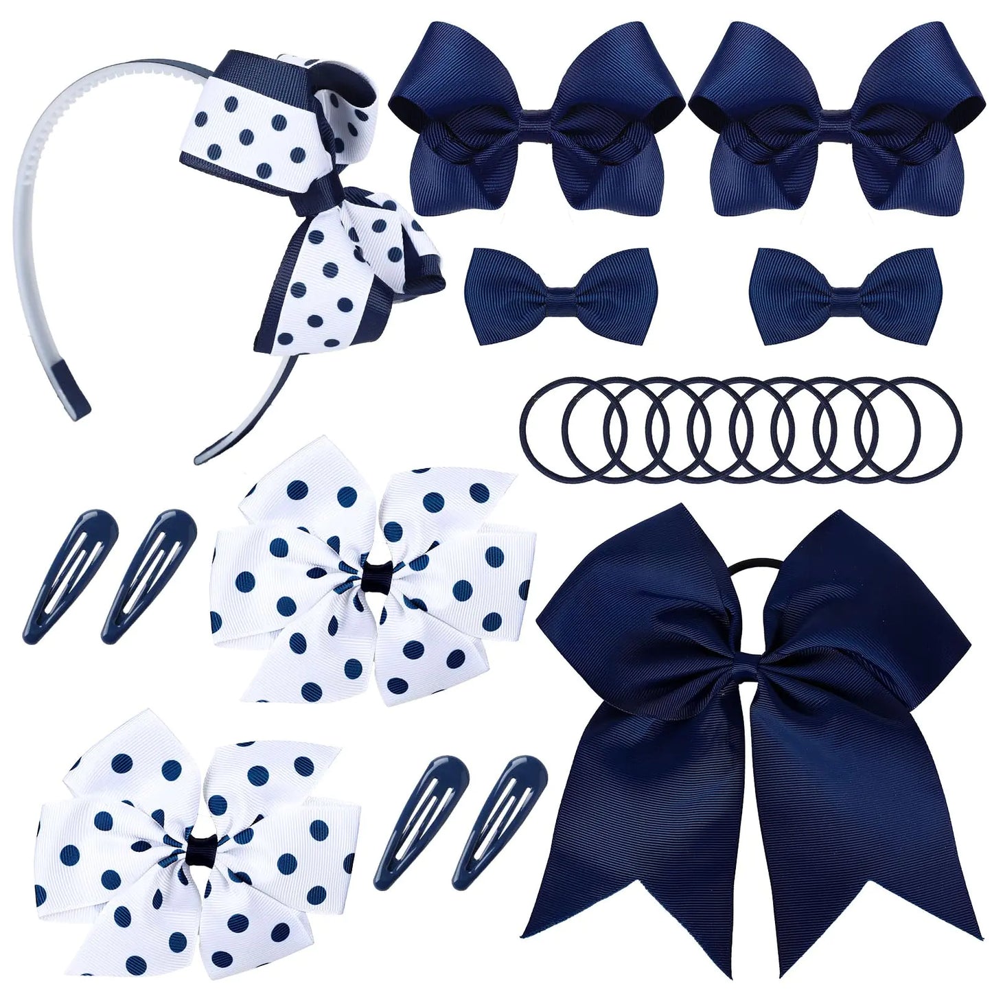 Whaline 20Pcs Back to School Uniform Hair Bows Set Navy Blue White Multi-styled School Bows Hair Clips Accessories with Headband Hair Ties Snap Hair Clips for Female Student Supplies